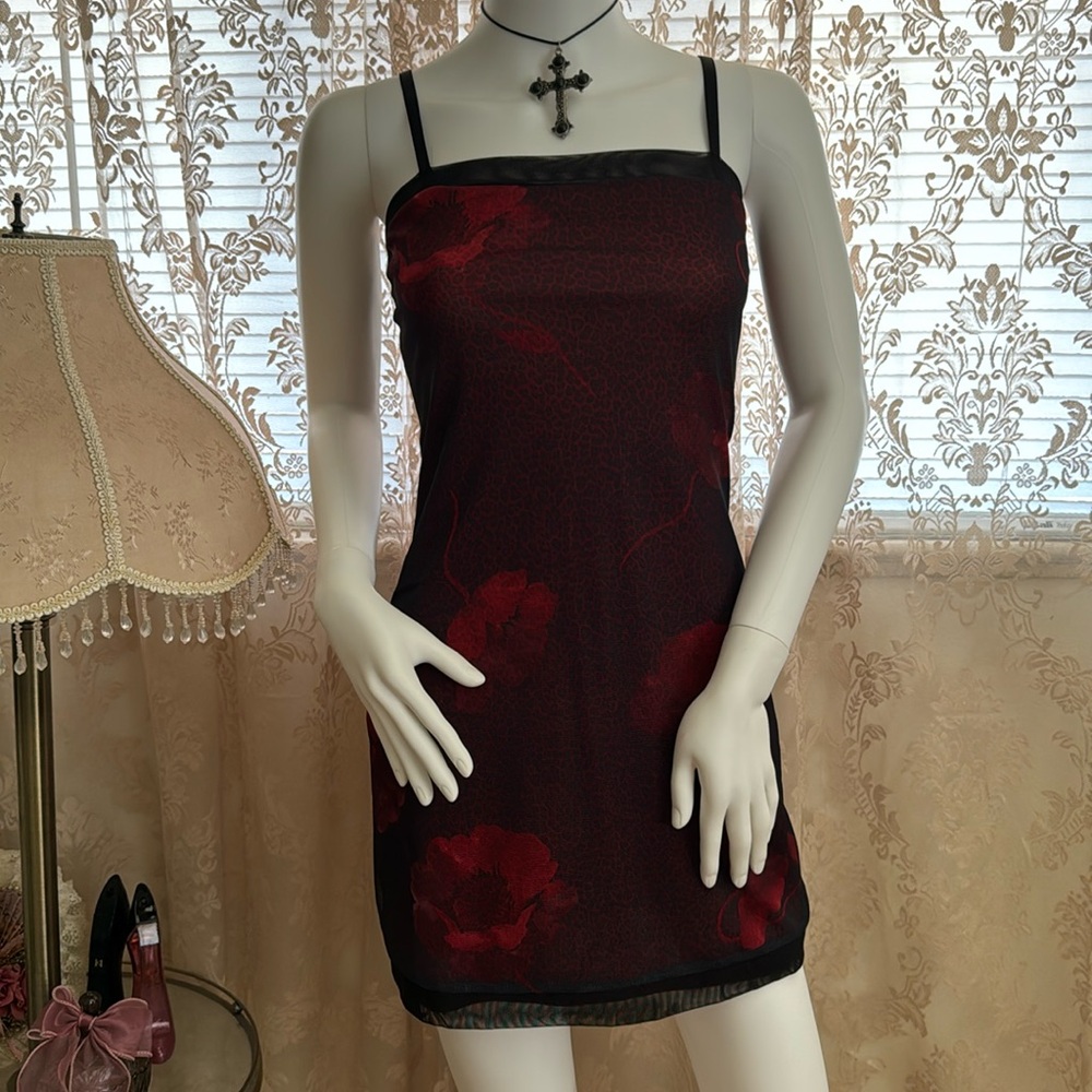 y2k rose leopard print mesh mini dress
